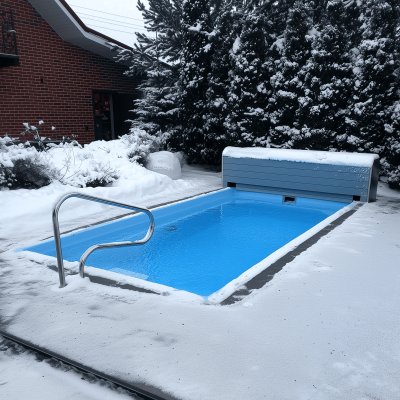 Открытый композитный бассейн с поручнем и покрытием зимой на заснеженной территории